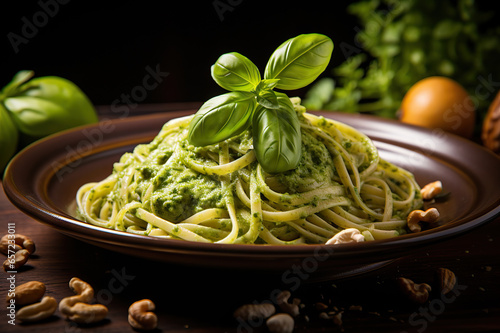 Pasta Perfection Vibrant Spaghetti with Pesto  a Culinary Masterpiece Unveiled. created with Generative AI