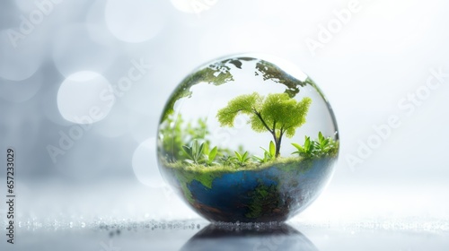 Green planet with flowers and plants on white background