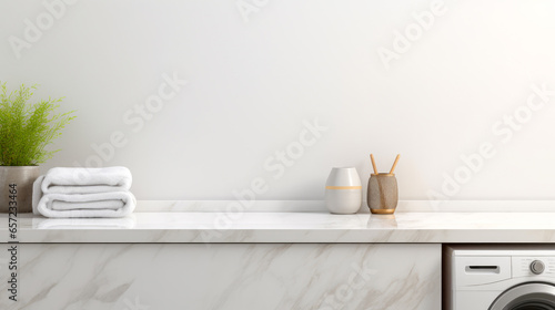 Laundry room interior with washing machine and stack of clean towels on white marble countertop