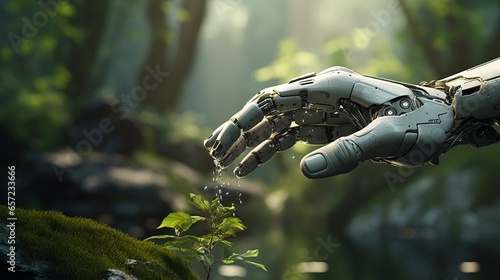 Robot hand future concept technology food science apple flower green industry arm isolated 3d plant artificial fruit. Future tech robot hand hold nature biology synthetic. AI Generative illustration photo