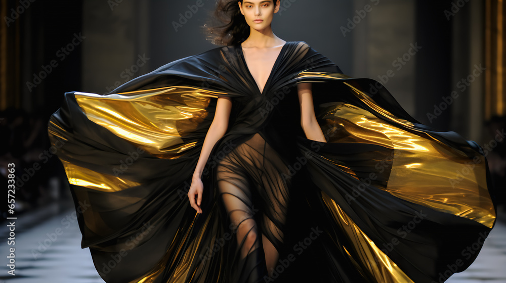 Fototapeta premium Fashion Show, Catwalk Event, Runway Show. Young female model walks the Runway in new designer gorgeous flowing gold and black dress at fashion show. Couture week, Fashion Week themed image. 