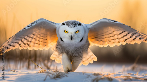 Owl in flight in snow with sunlight behind wings © Barbara Taylor