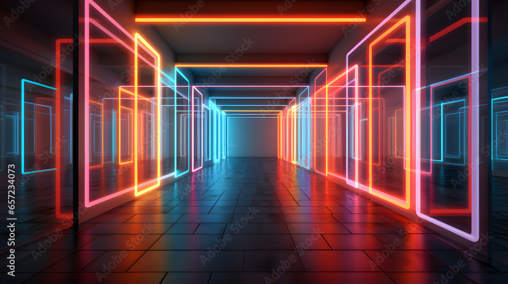 Futuristic corridor with glowing neon lights, ai generated