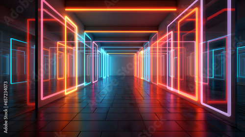 Futuristic corridor with glowing neon lights, ai generated