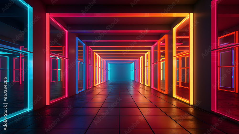 Futuristic corridor with neon lights. 3d illustration