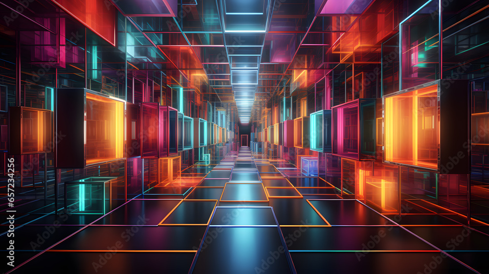 Futuristic glowing corridor with glowing neon lights. 3D rendering