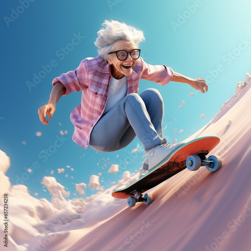 Wallpaper Mural 3d rendering of a old women playing skateboard Torontodigital.ca
