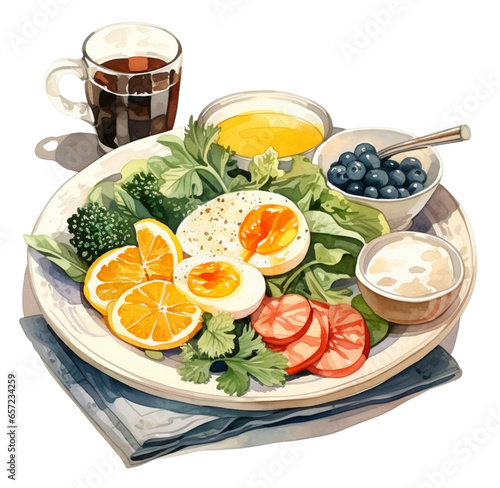 Watercolor illustration of breakfast in a plate. Generative AI, png