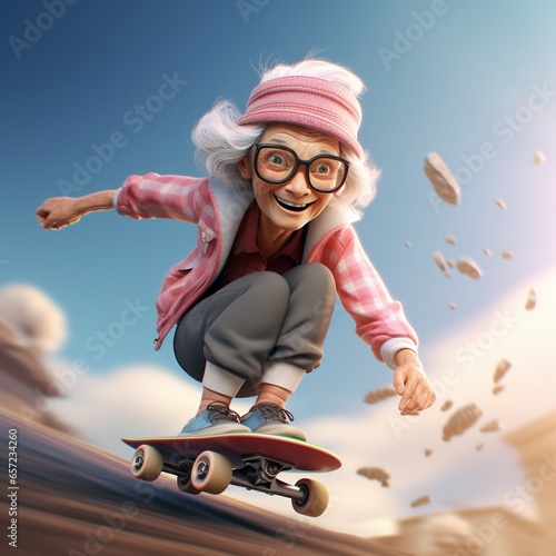3d rendering of a old women playing skateboard
