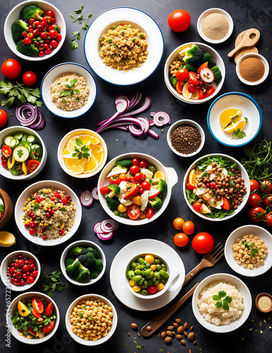 Table top view of spicy food. Healthy eating concept with fresh vegetables and salad bowls on kitchen wooden worktop, copy space at center,