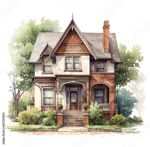 Watercolor illustration of a vintage brown house. Generative AI, png