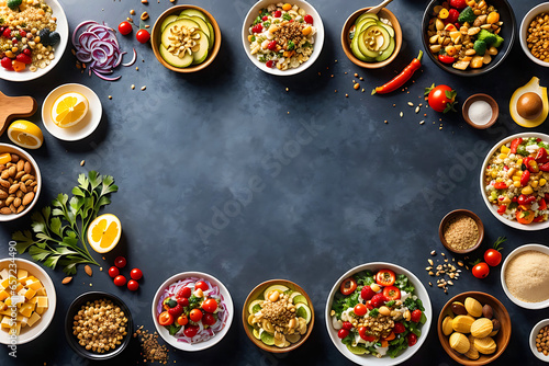 Table top view of spicy food. Healthy eating concept with fresh vegetables and salad bowls on kitchen wooden worktop, copy space at center,