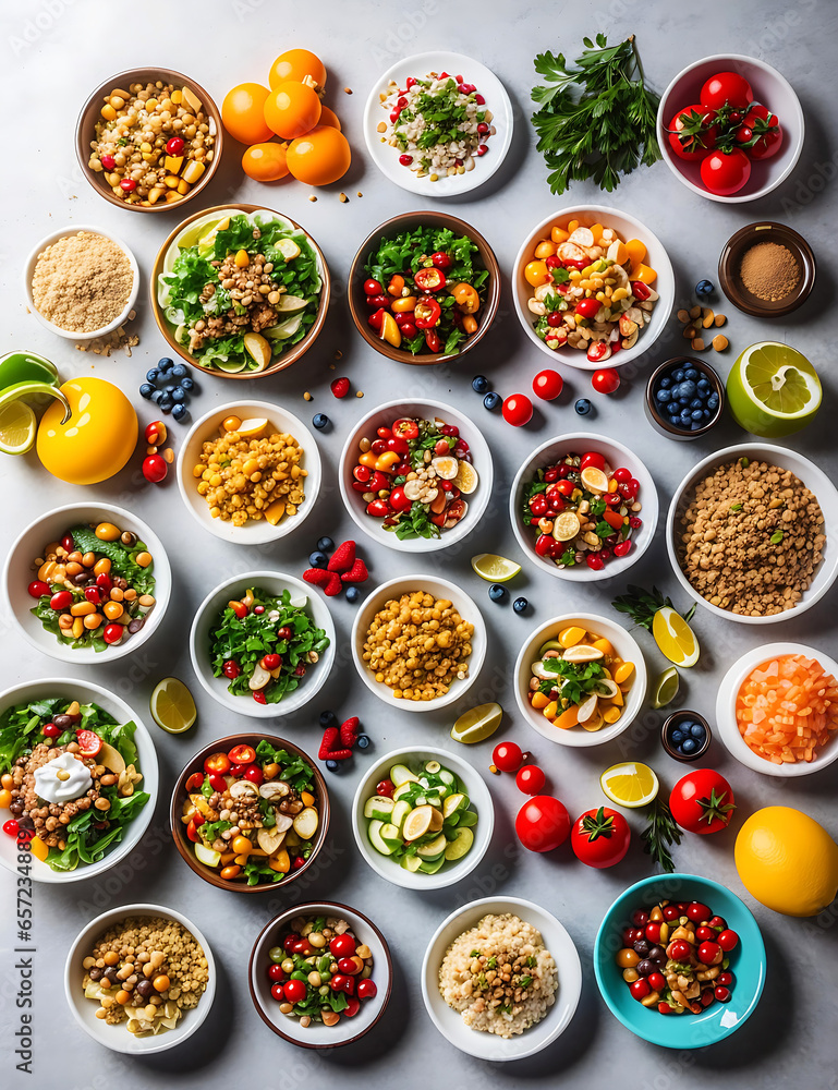Fototapeta premium Table top view of spicy food. Healthy eating concept with fresh vegetables and salad bowls on kitchen wooden worktop, copy space at center,