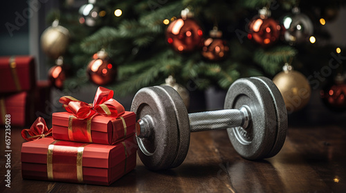 Dumbbells and a gift under the Christmas tree.