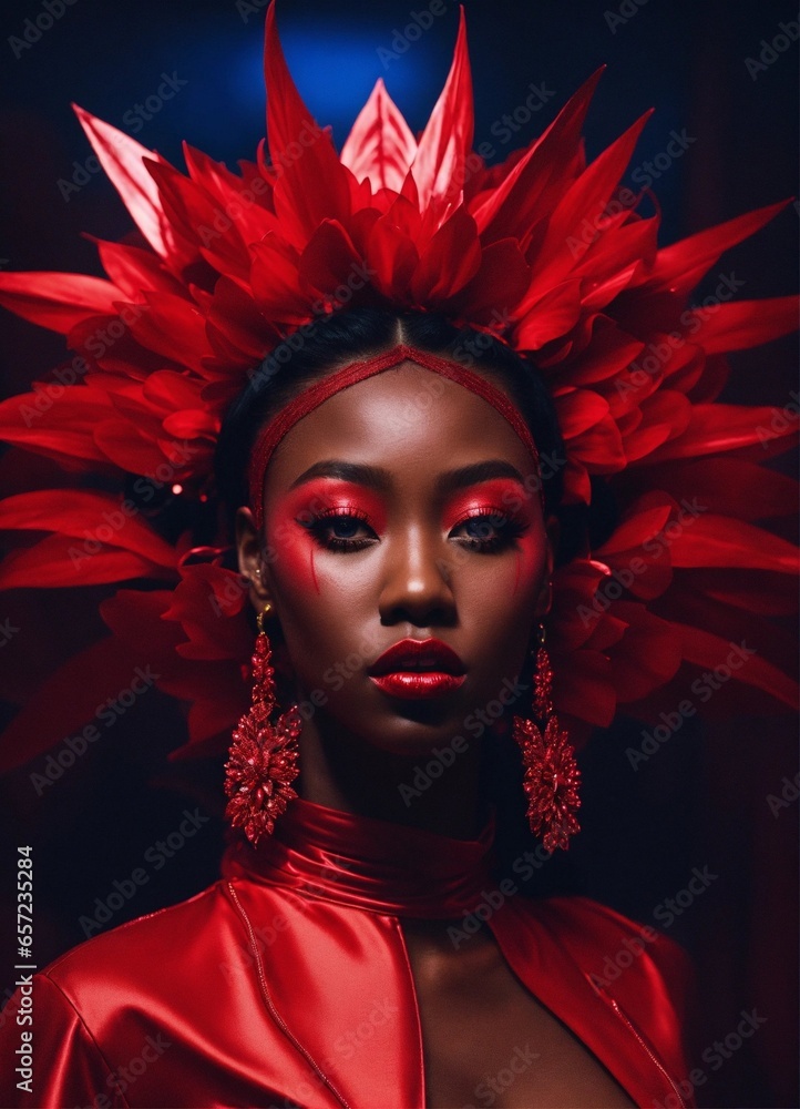 A black lady wearing red outfit, makeup, jewelery, AI generative A black lady wearing red outfit, makeup, jewelery, AI generative