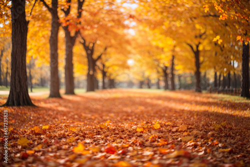 Elegant autumn composition featuring vibrant orange and golden leaves  highlighted by a soft bokeh effect against a blurred  sunlit park backdrop.