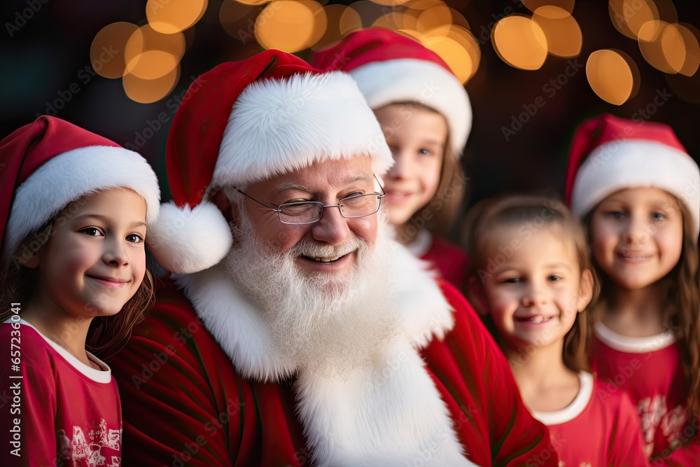 A joyful Christmas family portrait with Santa Claus, children, sharing the holiday spirit together. A joyful Christmas family portrait with Santa Claus, children, sharing the holiday spirit together.