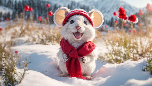Cute cartoon mouse wearing a Santa hat on a background of snow © tanya78