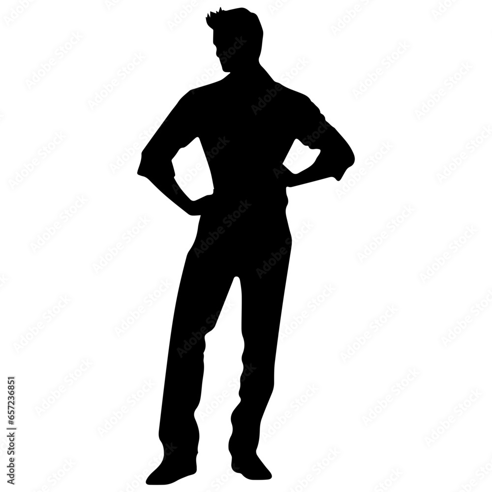 Vector silhouette of a man in a business suit standing, black color isolated on a white background