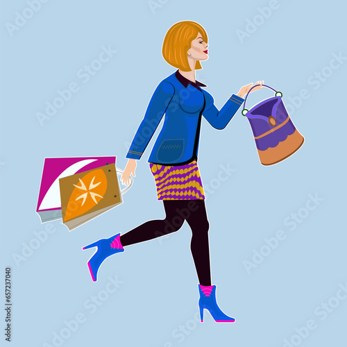 Shopping strolling, beautiful woman with bags, silhouette, perfect face, vector illustration