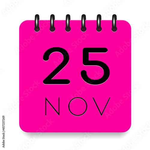 25 day of the month. November. Pink calendar daily icon. Black letters. Date day week Sunday, Monday, Tuesday, Wednesday, Thursday, Friday, Saturday. Cut paper. White background. Vector illustration.