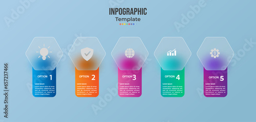 Infographic for 5 options, vector gradient design with realistic frosted glass, glassmorphism effect