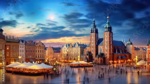Amazing cityscape of Krakow with Mary's Basilica on Main Square. Popular tourist destination. Location: Krakow, Lesser Poland Voivodeship, Poland, Europe photo
