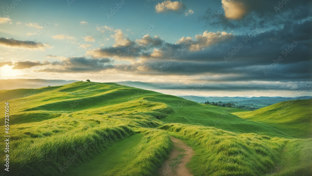 Winding path through lush fields in hilly terrain, illuminated by dawn's light against a cloud-dappled blue sky