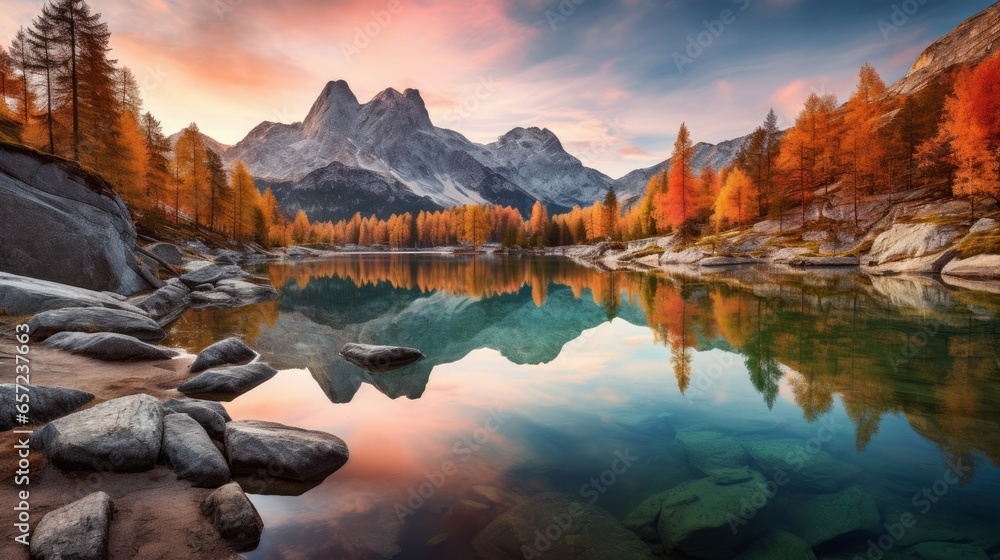Panoramic autumn view from flying drone of popular tourist destination. Federa lake among red larch trees. Impressive sunrise in Dolomite Alps. Gorgeous morning scene of Italy.