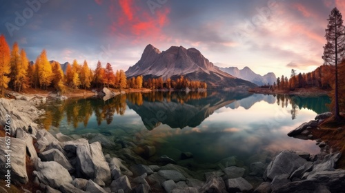 Panoramic autumn view from flying drone of popular tourist destination. Federa lake among red larch trees. Impressive sunrise in Dolomite Alps. Gorgeous morning scene of Italy.