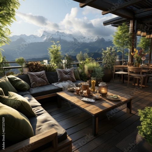 A relaxing place and modern rooftop with a beautiful natural and green background as a place for rest and self-healing. Good for company  decoration  residential inspiration  etc. Generatue Ai Image