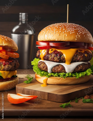 Food photo of hamburger is juicy and natural looking. Generative AI