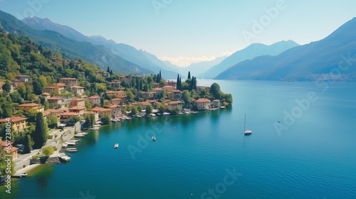 Beautifull aerial panoramic view from the drone to the Varenna - famous old Italy town on bank of Como lake. High top view to Water landscape with green hills  mountains and city in sunny summer day.