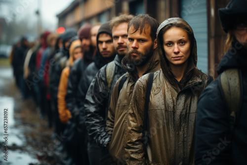 A group of people queuing for limited job opportunities, illustrating the competitive nature of the job market in poverty-stricken areas. Concept of unemployment. Generative Ai.