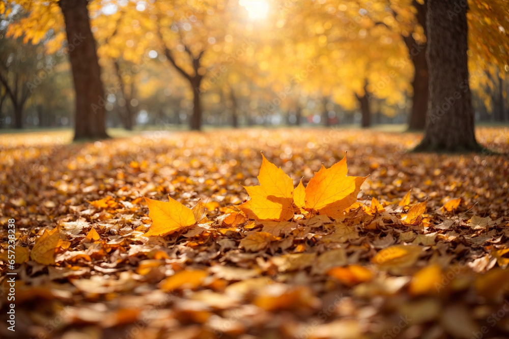 Panoramic autumn background, featuring defocused red, yellow, and orange leaves in a sunny park, encapsulating the vibrant essence of the fall season.