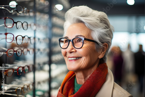 A Clearer View Joyful Mature Woman Selects Glasses at Optics Store, Embracing a Vision of Care and Fashion. created with Generative AI