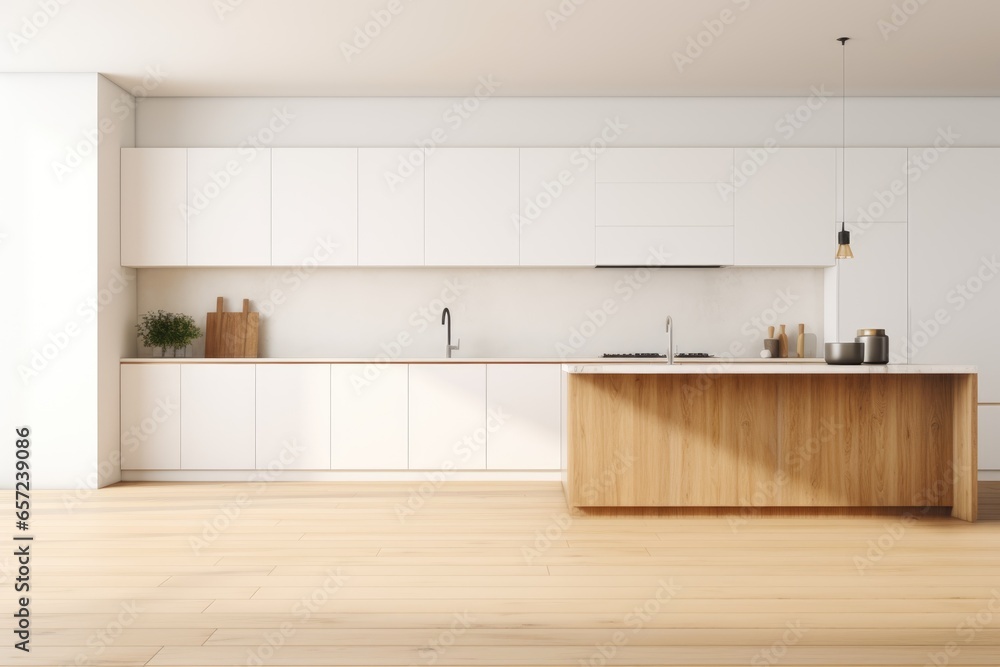 Minimalist style white modern kitchen interior mockup - obrazy, fototapety, plakaty 
