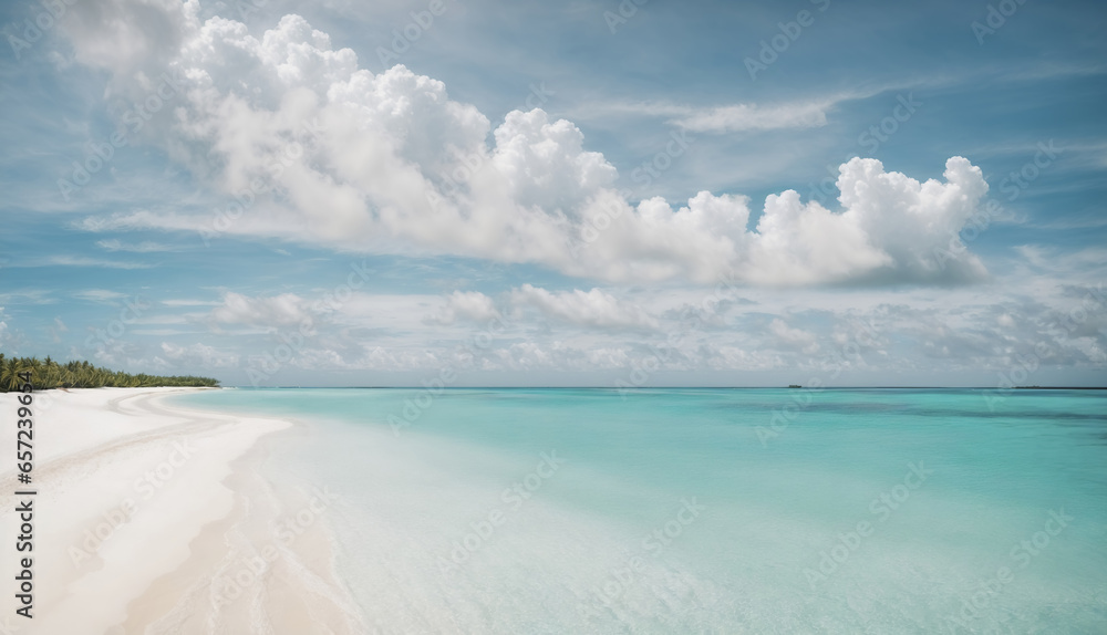 Beach featuring pristine white sands, a calm turquoise ocean, and a sunlit sky of fluffy clouds