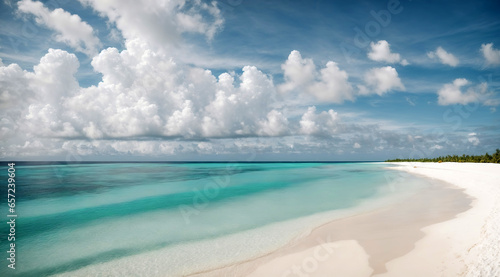 Beach featuring pristine white sands, a calm turquoise ocean, and a sunlit sky of fluffy clouds