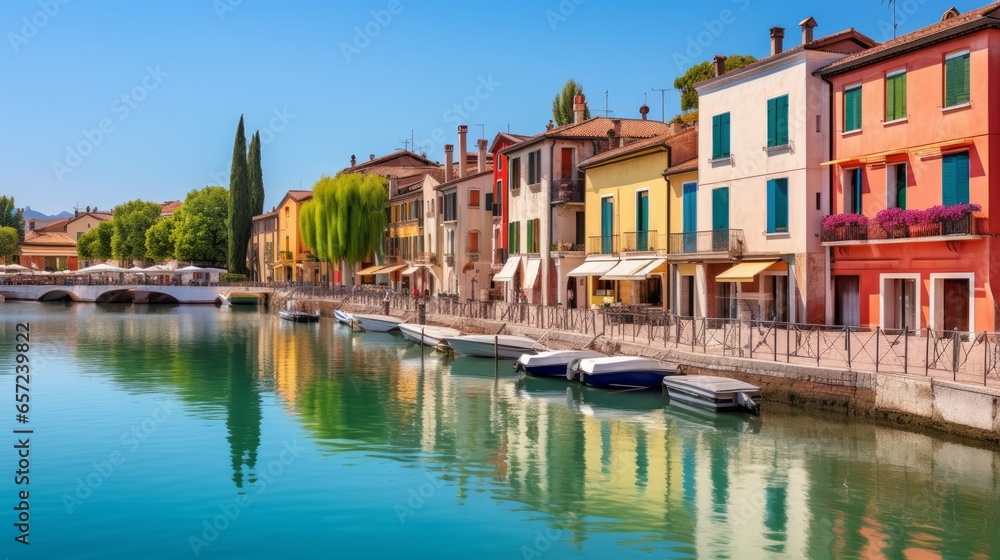 Peschiera del Garda - charming village located on the magnificent lake Lago di Garda, famous for its colorful houses. Verona province, northern Italy