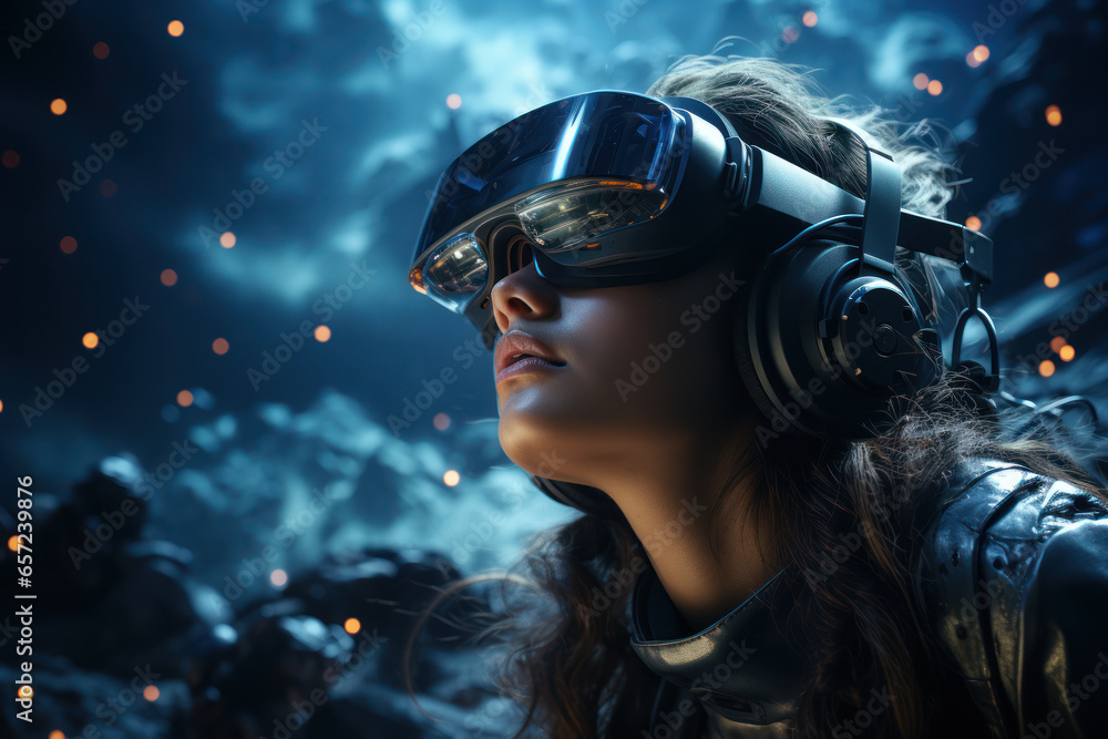 A person immersed in a virtual reality headset, exploring the philosophical implications of artificial worlds. Concept of virtual reality philosophy. Generative Ai. A person immersed in a virtual reality headset, exploring the philosophical implications of artificial worlds. Concept of virtual reality philosophy. Generative Ai.
