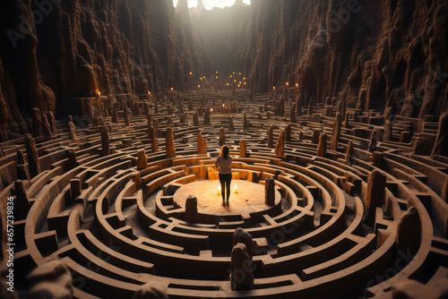 A person in a labyrinth, symbolizing the complex and winding nature of philosophical inquiry. Concept of philosophical exploration. Generative Ai.
