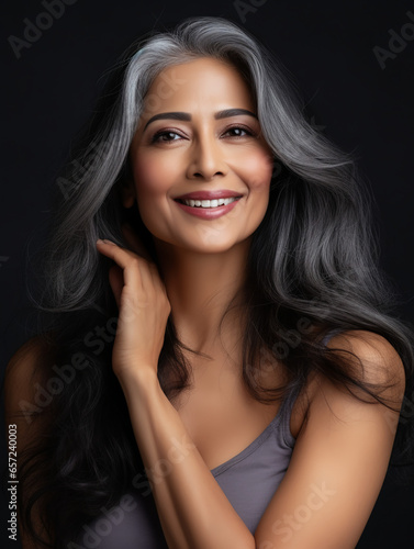 Indian adult woman with long gray hair, AI Generation