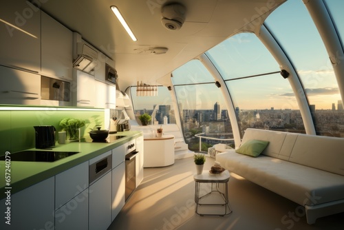 Interior design of modular micro apartment, contemporary futuristic furniture, micro kitchen, biophilic green balcony