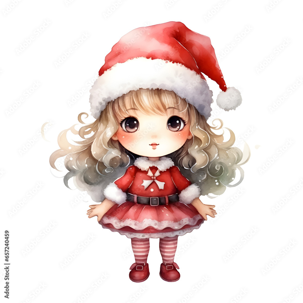 little girl wearing Christmas costume. watercolor illustration little girl wearing Christmas costume. watercolor illustration