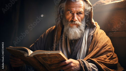An ancient prophet studying the Holy Scriptures receiving revelation from God Generative AI Illustration