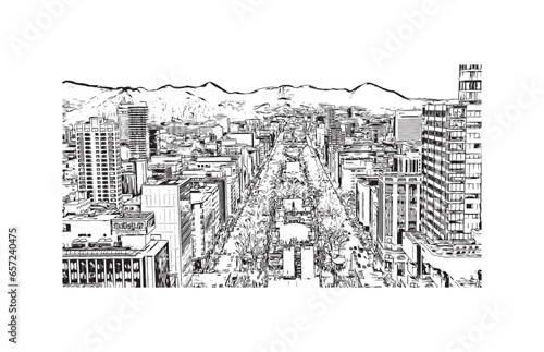 Building view with landmark of Sapporo is the city in Japan. Hand drawn sketch illustration in vector.