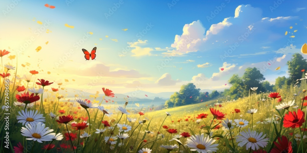 Painting of a meadow with blooming daisies and fluttering butterflies with summer sunshine