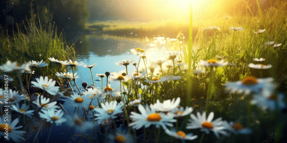 Meadow with blooming daisies by a river with summer sunshine