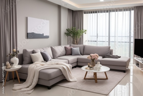 Elegant living room in minimalist style with luxury curtains